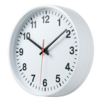 Modern wall clock with a minimalistic design, featuring black hour and minute hands, a red second hand, and clear numbers on a white face. Ideal for home or office decor. png