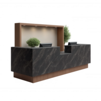 Modern reception desk with a stylish black marble finish and natural elements, ideal for office environments. Designed for professionalism and aesthetic appeal. png