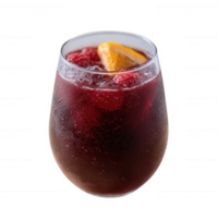 Refreshing drink with raspberries and an orange slice, served in a clear glass filled with ice. Perfect for summer gatherings or a relaxing evening. png
