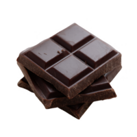 Rich dark chocolate squares stacked against a white background, showcasing their smooth texture and indulgent appearance. png
