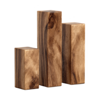Set of three wooden blocks of varying heights, showcasing natural grain and texture, isolated on a white background. png