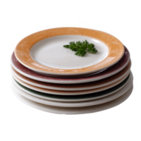 Stack of colorful plates with a garnish of fresh parsley on a white isolate background, showcasing culinary elegance and table settings. png