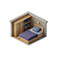 Stylish interior of a modern bedroom with a wooden bed, shelves, and neatly arranged linens, providing a cozy and inviting atmosphere for relaxation. png