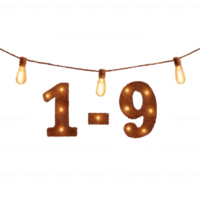 The image features illuminated numbers 1 to 9 with a rustic design, adorned with hanging light bulbs against a transparent background, perfect for decoration and celebration. png