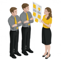 Three business professionals engaged in a discussion, one presenting ideas on a document while the others listen png