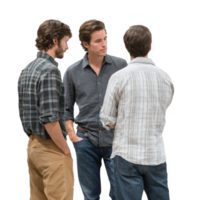 Three men engaged in a conversation with a relaxed demeanor, showcasing a friendly and casual atmosphere, ideal for lifestyle themes. png