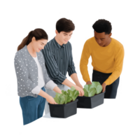 Three young adults engaging in gardening by planting fresh vegetables in containers, showcasing teamwork and connection to nature in a hands-on activity. png