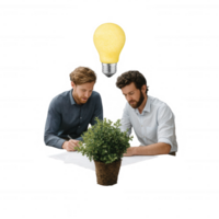 Two men discussing ideas with a lightbulb above, showcasing teamwork and creativity in a modern business setting, emphasizing innovation and collaboration. png