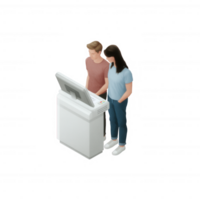 Two people interacting with a modern touchscreen kiosk in a sleek, digital interface setting. png
