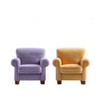 Two plush armchairs in purple and yellow, featuring soft fabric and rounded edges, isolated on a white background, perfect for depicting coziness and comfort in living spaces. png