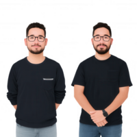 Two young men with glasses standing side by side, with one hands in pocket and the other crossed, against a white isolate background. png