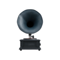 Vintage gramophone with a large horn, showcasing classic design. Ideal for music enthusiasts and collectors. Perfect for nostalgic themes and retro music aesthetics. png