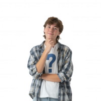 Young man with a questioning expression, wearing a casual plaid shirt and a shirt with a question mark. Isolated on a white background, perfect for various conceptual themes. png