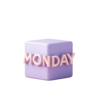 A 3D rendered cube featuring the word 'MONDAY' in pink letters against a soft purple background, ideal for motivational content and creative projects. png