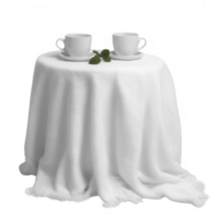 A beautifully set table with two white cups and a small green leaf on a soft white tablecloth, creating an elegant and inviting atmosphere. png