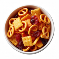 A bowl of assorted crunchy snacks including pretzels and crackers, mixed with dried cranberries, perfect for sharing or on-the-go snacking. png