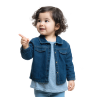 A cheerful child pointing with a smile, dressed in a denim jacket over a gray shirt, exuding curiosity and joy, perfect for family-oriented themes. png