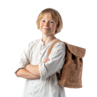 A cheerful child poses confidently with a brown backpack, showcasing a friendly smile. The subject wears a casual white shirt, set against a white isolated background. png