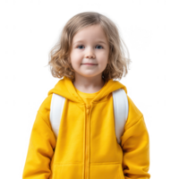 A cheerful young child wearing a bright yellow hoodie, standing with a backpack, exuding a playful and energetic vibe against a white isolated background. png