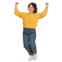 A cheerful young woman in a yellow sweater and jeans, expressing joy with raised arms against a white isolated background. png