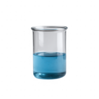 A clear glass beaker filled with blue liquid, isolated on a white background. Ideal for educational and laboratory-related projects. png