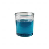 A clear glass beaker filled with vibrant blue liquid. The liquid is bubbling, creating a dynamic visual. Perfect for scientific or laboratory themes, as well as beverage concepts. png