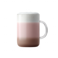 A clear glass mug filled with a layered beverage featuring a creamy foam on top, soft pink hues in the middle, and a rich chocolate base, isolated on a white background. png