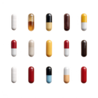 A collection of assorted capsules in various colors and sizes, displayed on a white isolate background, showcasing the diversity of pharmaceutical products. png