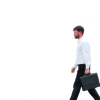 A confident professional man in a white shirt and black trousers walks purposefully while carrying a briefcase, symbolizing business success and determination. png