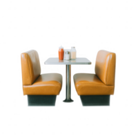 A cozy diner booth with two orange seats and a small table, featuring condiments, perfect for an inviting eating atmosphere. png