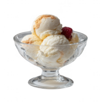 A delicious assortment of creamy vanilla ice cream scoops served in a glass bowl, garnished with a fresh raspberry on top, perfect for a refreshing dessert. png