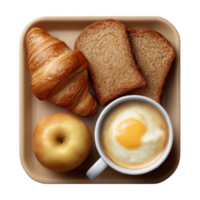 A delicious breakfast platter featuring a croissant, two slices of toasted bread, a fresh apple, and a cup of sunny-side-up eggs, all presented on a tray. png