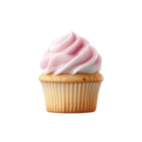 A delicious cupcake with a swirl of pink and white frosting on top, standing out against a white isolate background. Perfect for dessert lovers and event celebrations. png