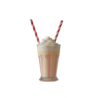 A delicious milkshake served in a glass with two red-striped straws, topped with whipped cream, perfect for enjoying on a warm day. png