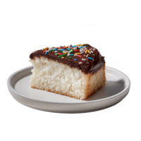 A delicious slice of cake with chocolate frosting and colorful sprinkles, served on a clean, white plate. Perfect for birthdays or celebrations. png