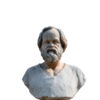 A detailed stone bust of a philosopher, showcasing intricate facial features and a thoughtful expression, set against a white isolated background. png