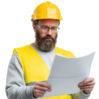 A focused construction worker wearing a yellow helmet and safety vest, examining architectural plans with a serious expression, isolated on a white background. png