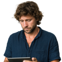 A focused man with curly hair is using a tablet, displaying a thoughtful expression and casual attire, isolated on a white background. png