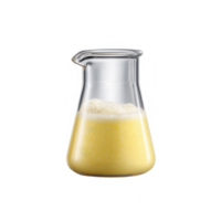 A glass beaker filled with creamy yellow liquid, isolated on a white background. Ideal for showcasing food ingredients or culinary experiments. png