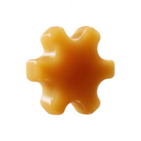 A glossy, caramel-colored gummy candy shaped like a gear, presented against a white isolated background for a clean and appealing look. png