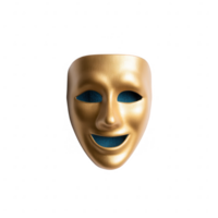 A golden theatrical mask with a smiling expression, isolated on a white background, representing joy, arts, and performance. png