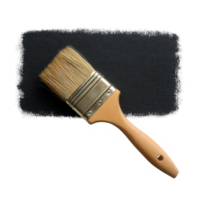 A paintbrush resting on a surface of black paint, displaying its bristles and wooden handle, perfect for artistic and creative projects. png