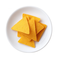 A plate of vibrant yellow corn tortilla chips arranged neatly, perfect for snacking or as a party appetizer, isolated on a white background. png