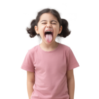 A playful young girl with pigtails sticking out her tongue. She wears a pink shirt and is expressing joy and silliness against a white isolated background. png