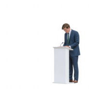 A professional male speaker standing at a podium, engaging the audience with a speech. He is dressed in formal attire, suggesting a corporate or conference setting. png