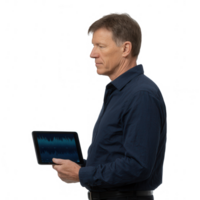 A professional man holding a tablet, analyzing data on a digital interface, isolated on a white background, exuding confidence and focus in a modern workplace. png