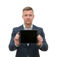 A professional man in a dark suit holding a tablet computer, displaying a blank screen for customization or advertising purposes, isolated on a white background. png