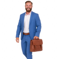 A professional man in a blue suit confidently poses with a leather briefcase, symbolizing success and modern business attire. png