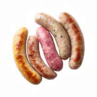 A selection of various sausages displayed on a white isolated background, showcasing different textures and colors perfect for culinary themes. png