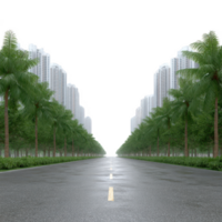 A serene urban street lined with lush palm trees, leading towards towering skyscrapers, creating a beautiful blend of nature and modern architecture. png